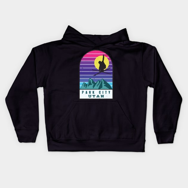 Ski Park City Utah Retro Sunset Kids Hoodie by JordanHolmes